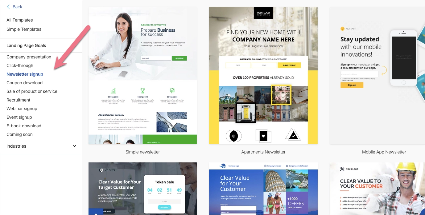 Landing page template gallery browsed by goals