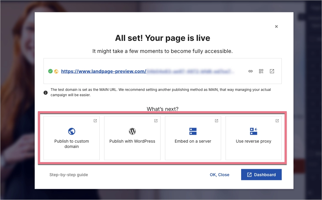 A window with four publishing options