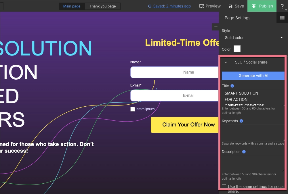 SEO settings in Landingi editor