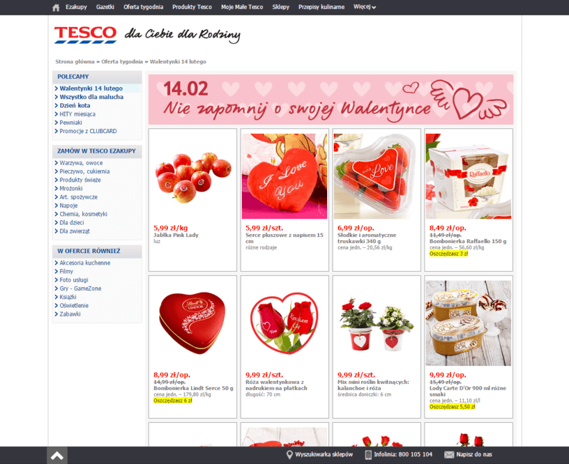 Walentynkowy landing page firmy tesco