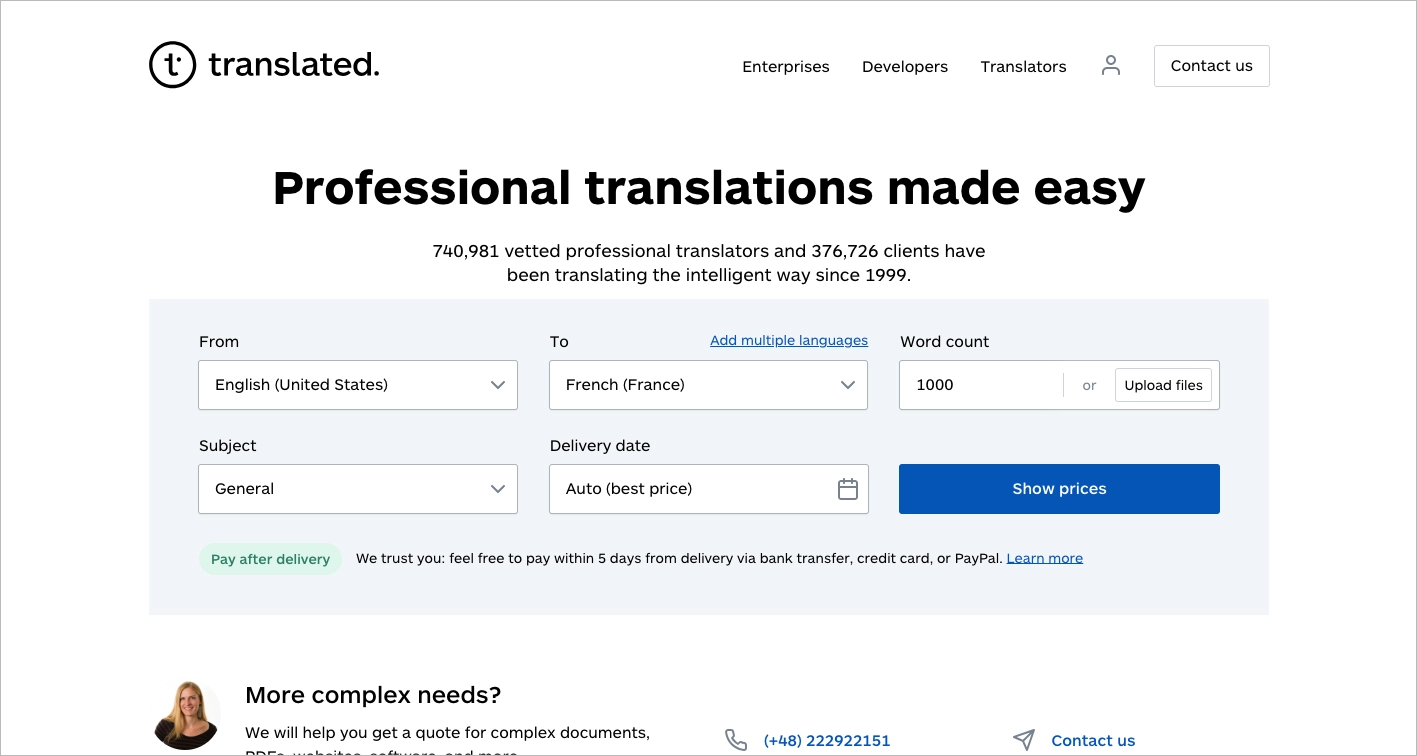 Translation services landing page