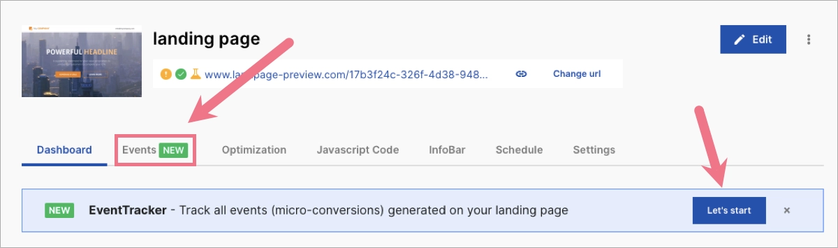 EventTracker, tool that allows to track landing pages