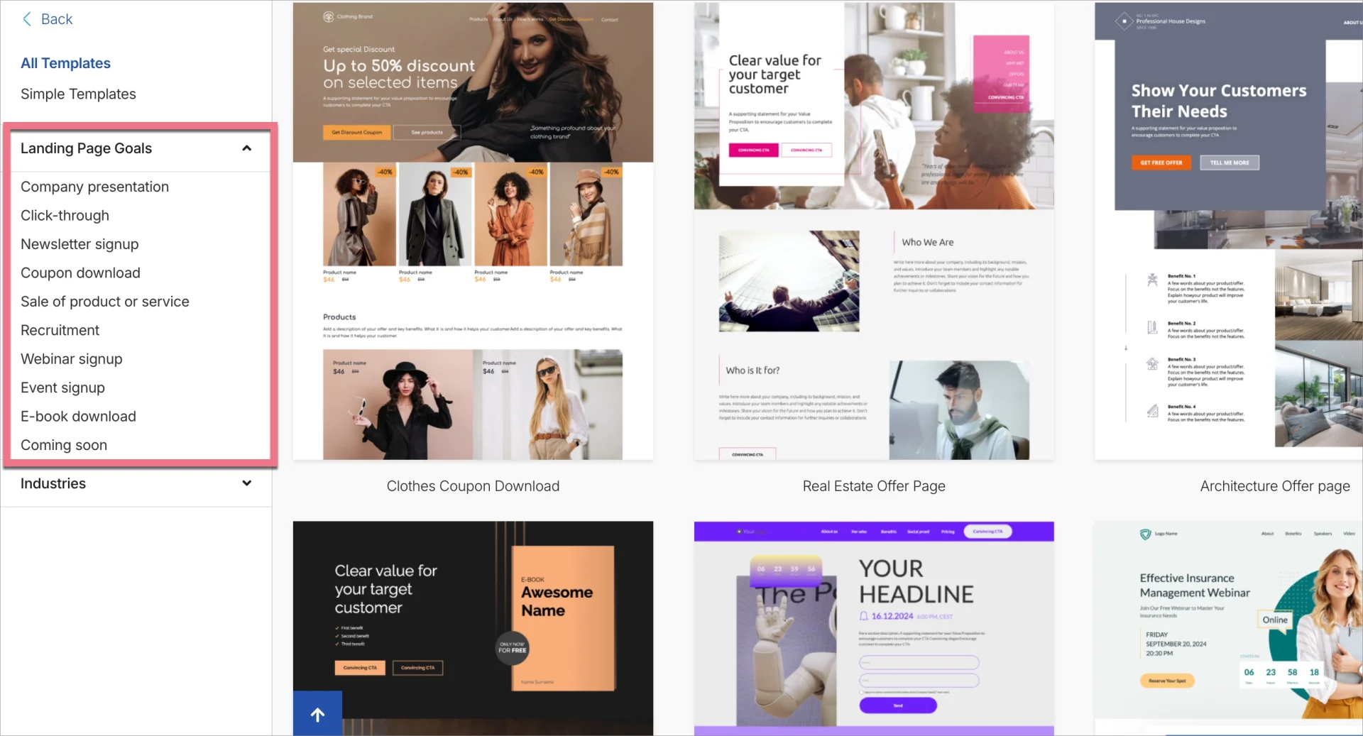Landing page template gallery