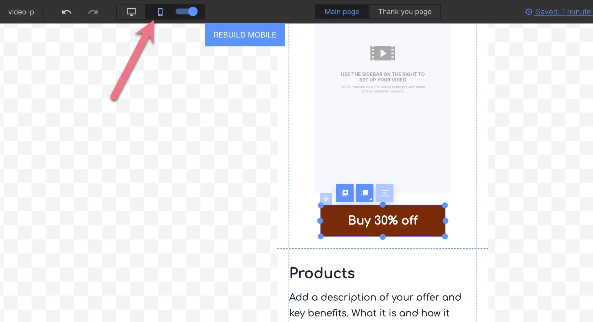 Mobile view in Landingi editor