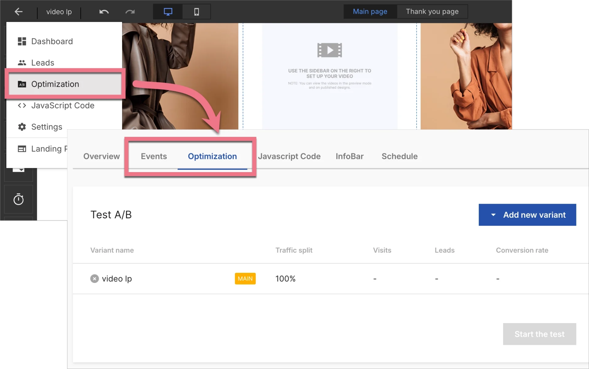 Optimization tab in Landingi
