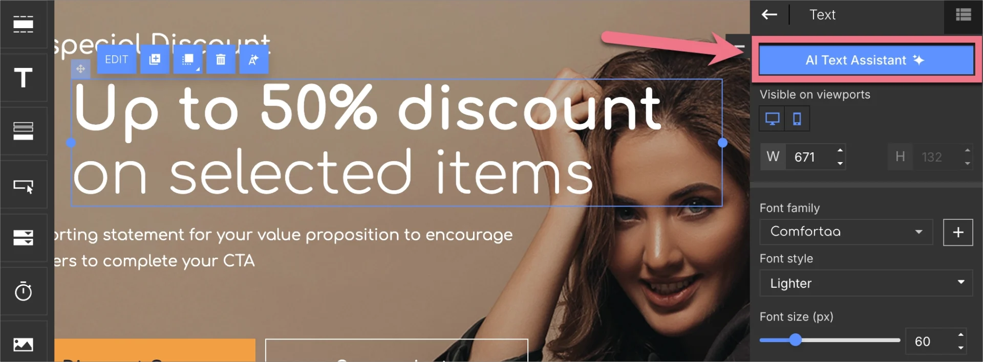 Text options in the Landingi editor.