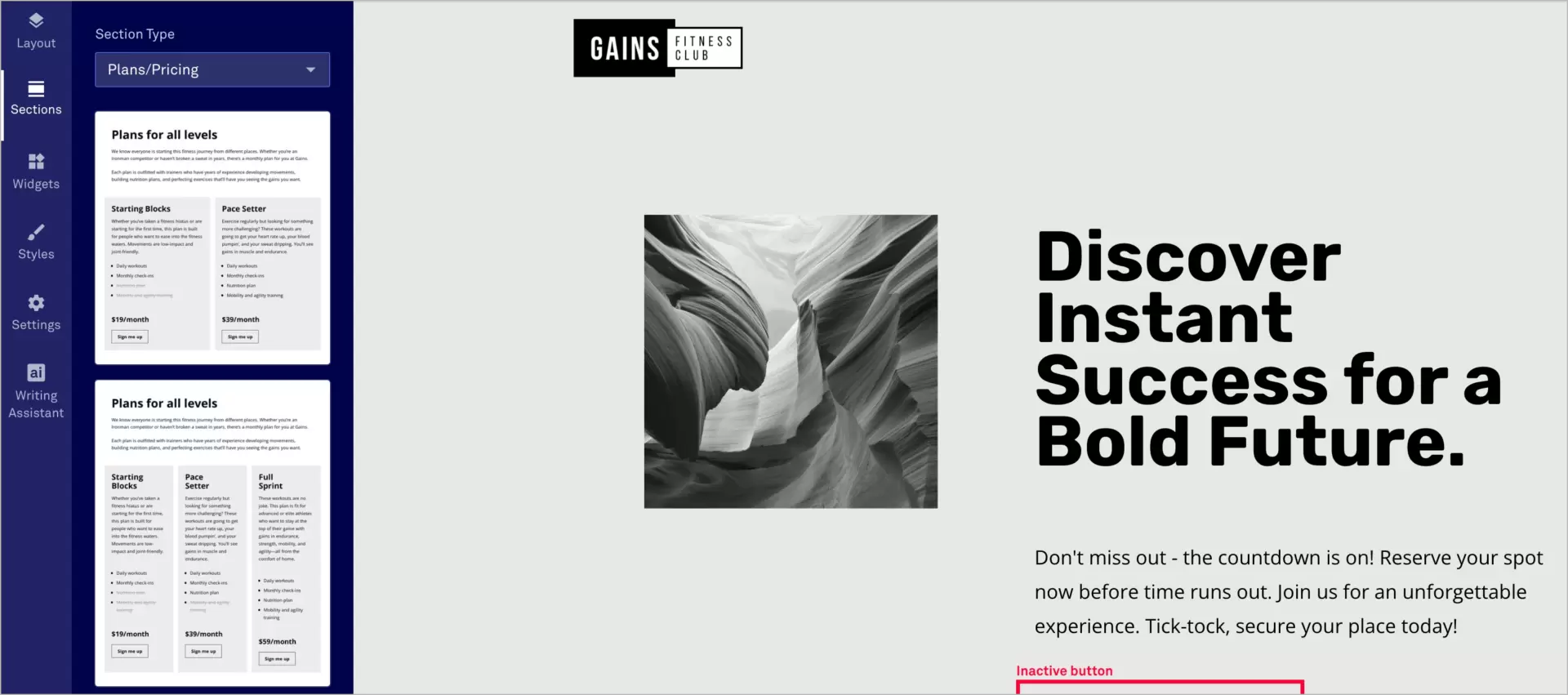 landing page templates for specific sections