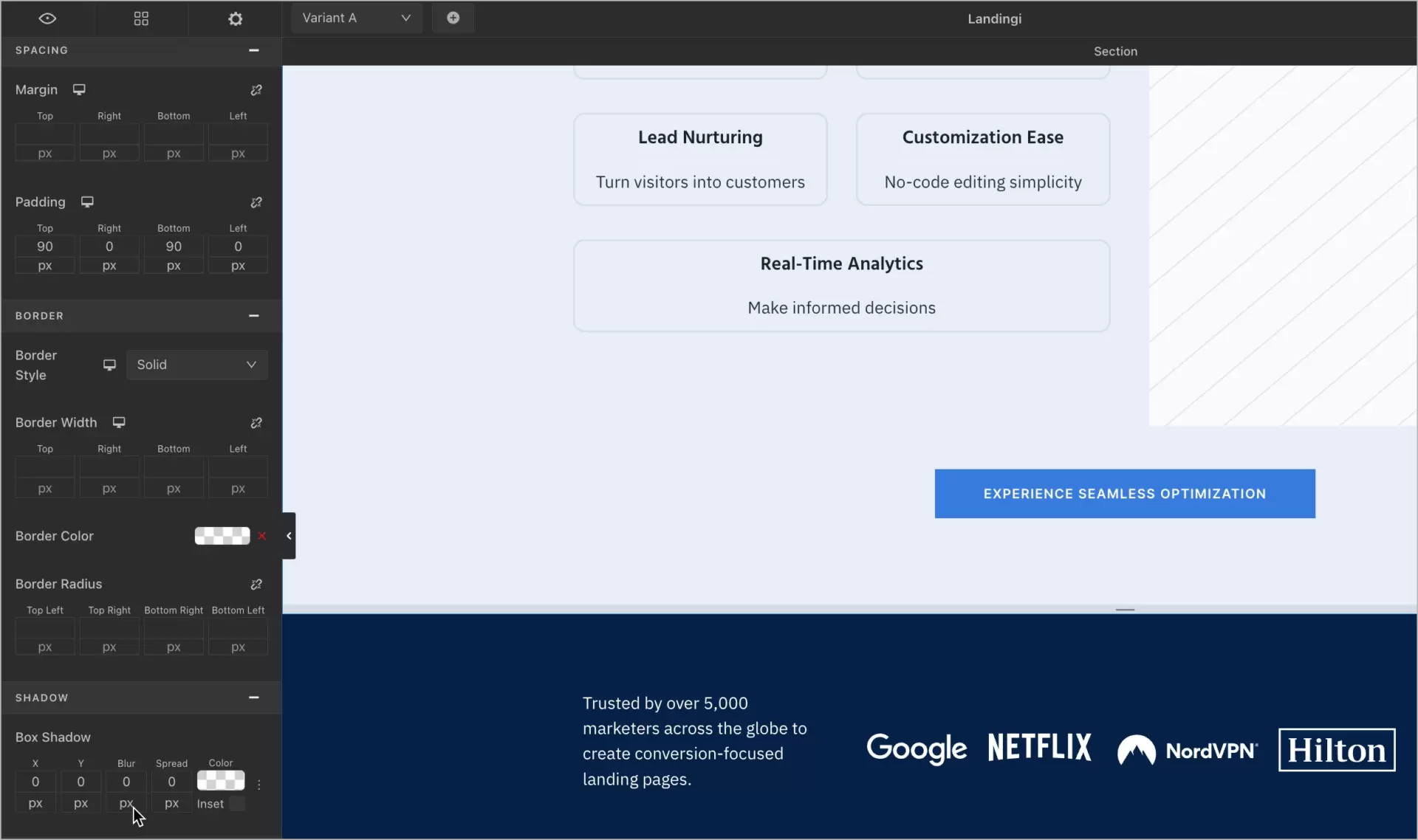 landing page e menu do construtor de sites com configurações