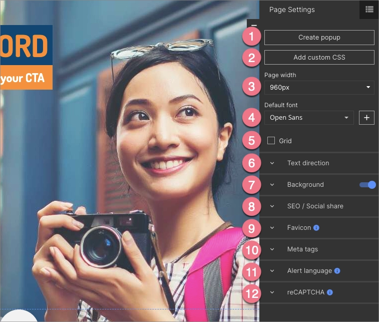 Landingi editor page settings