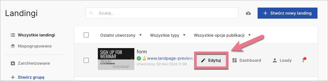 Przycisk przejścia do edycji landing page'a