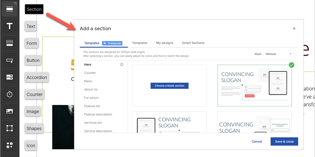 how to add section widget on landing page