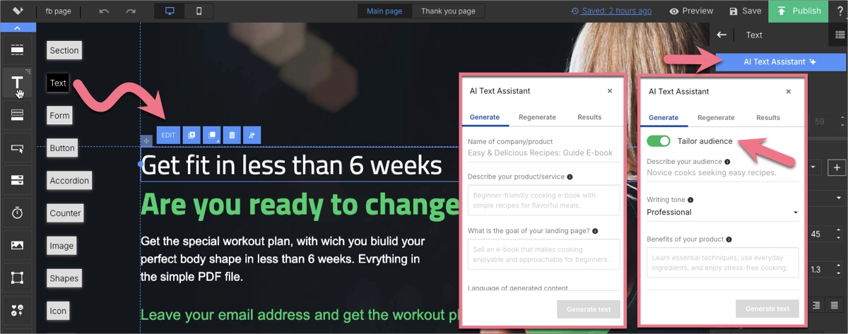 AI Text Assistant - geração de cópia para a página inteira no Landingi