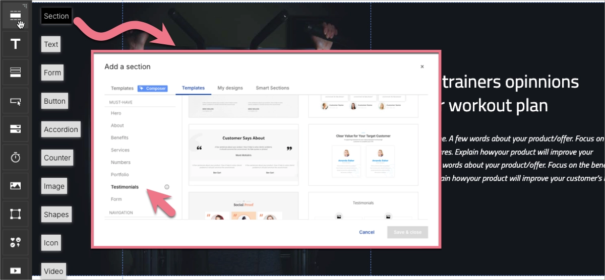 Adição da seção de depoimentos no Landingi Builder