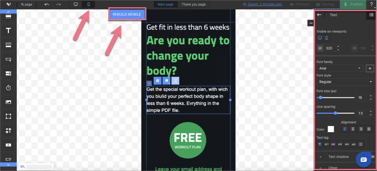 personalização da visualização móvel em Landingi