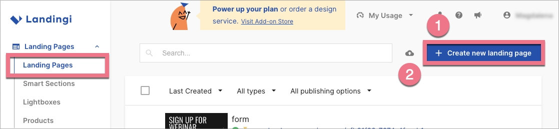 Create new landing page button