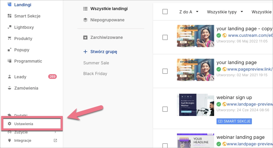 Przejdź do ustawień w platformie Landingi