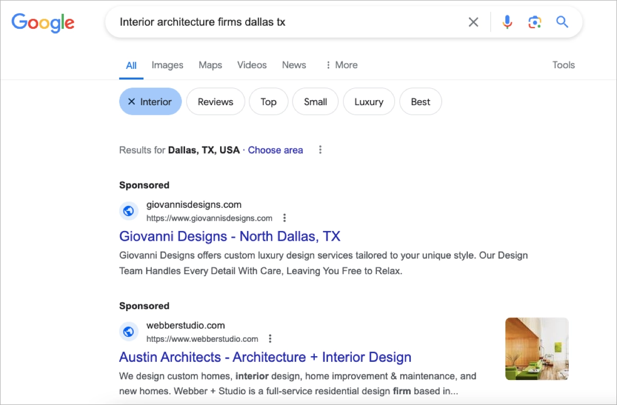 Campanha ppc para empresa de design de interiores de imóveis