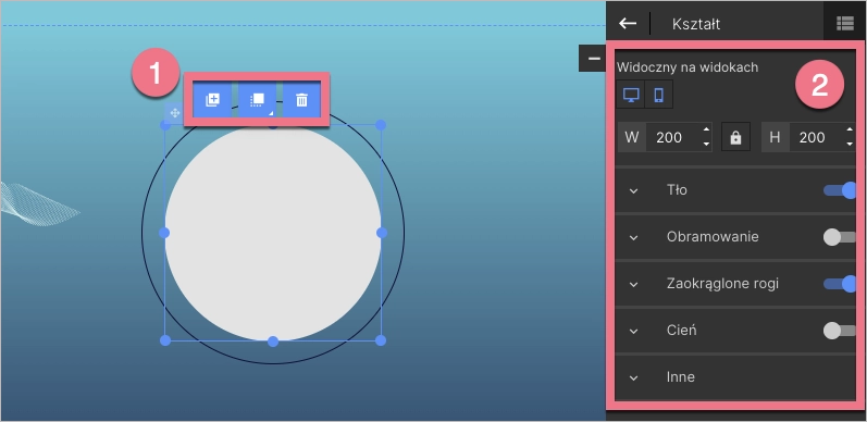 Ustawienia widgetu kształty w edytorze landing page