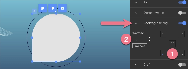 Ustawienie zaokrąglenia rogów dla widgetu Kształty