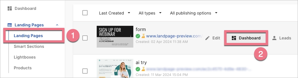 Navigating to landing page Dashboard in Landingi