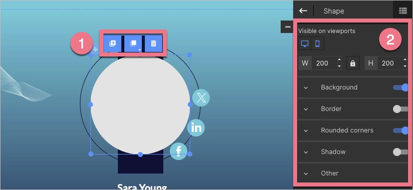 Shapes settings in landing page creator Landingi