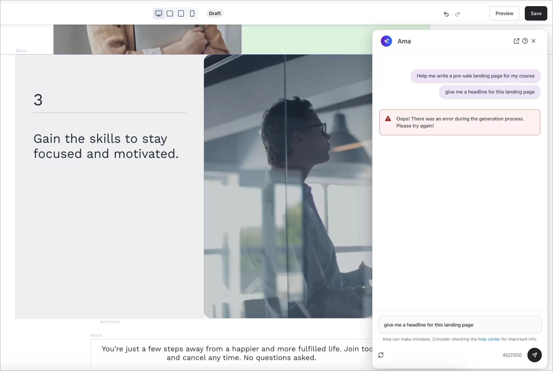 erro na ferramenta de IA do construtor de sites kajabi