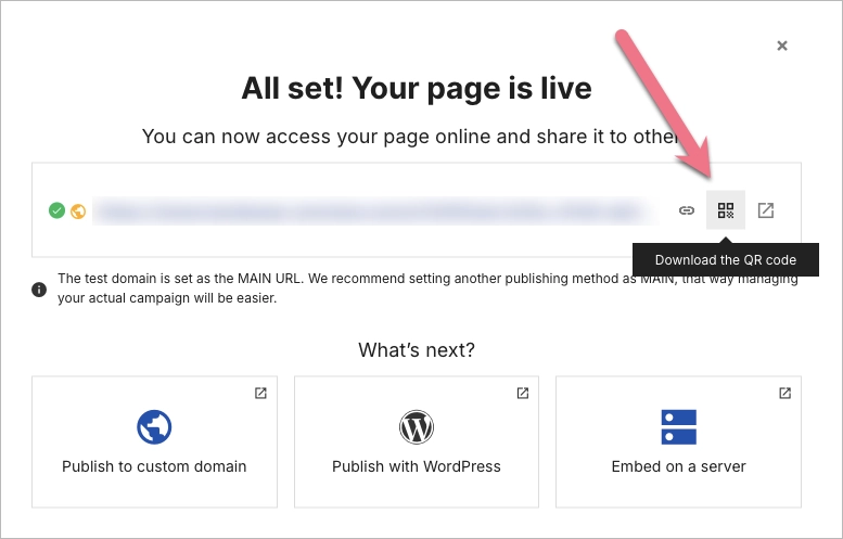 Downloading a QR code during landing page publishing