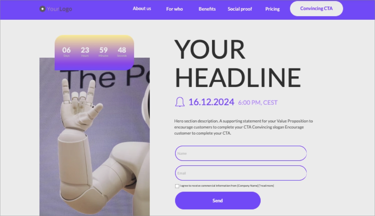 Página de inscrição em webinar para campanha b2b ppc - modelo