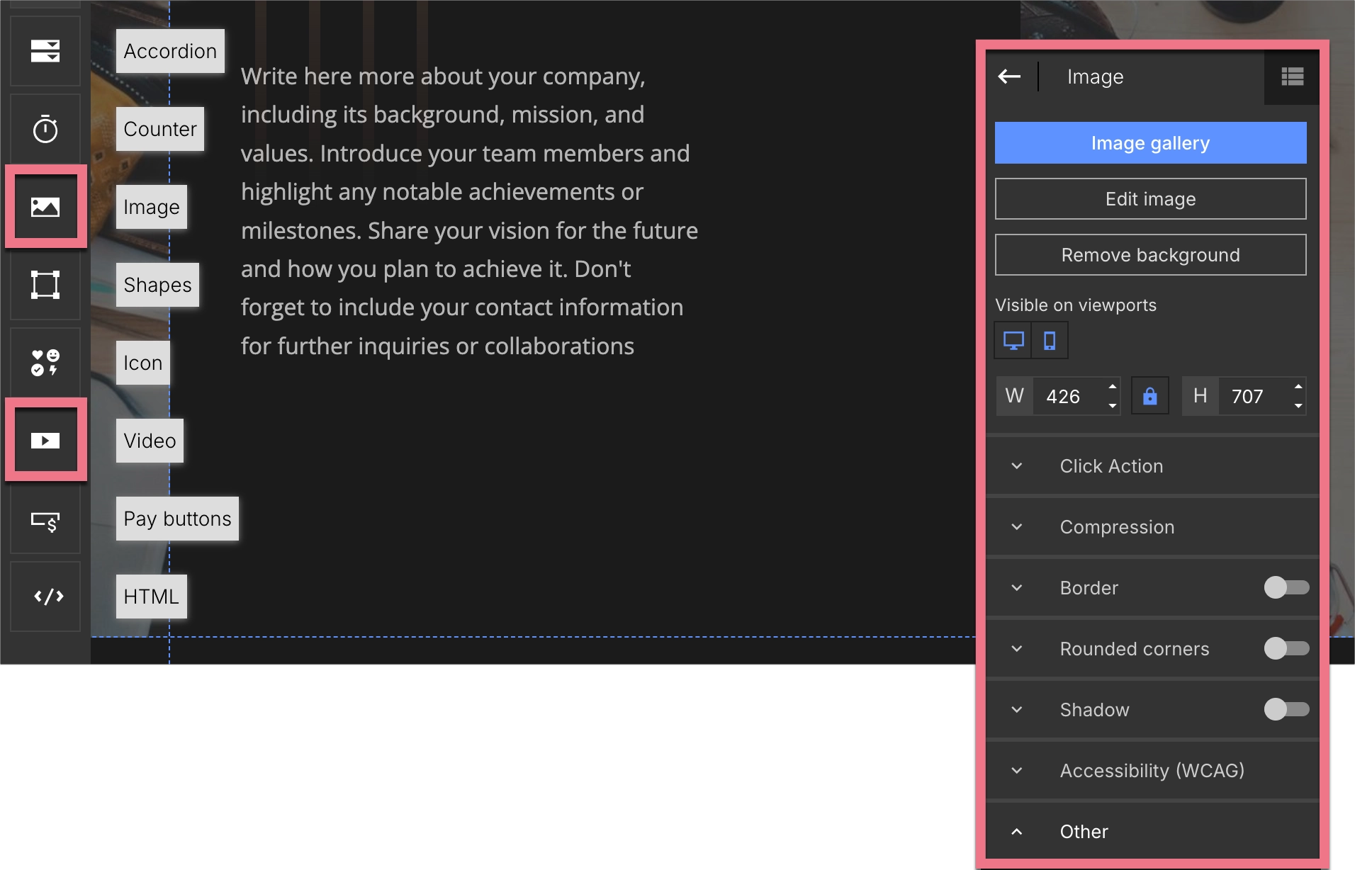 Adding widgets in Landingi editor