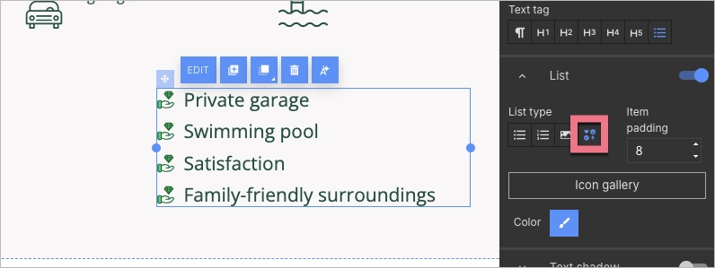 Icons as bullets in Landingi editor