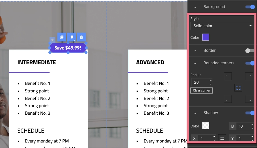 Edição de formas e textos no Landingi.