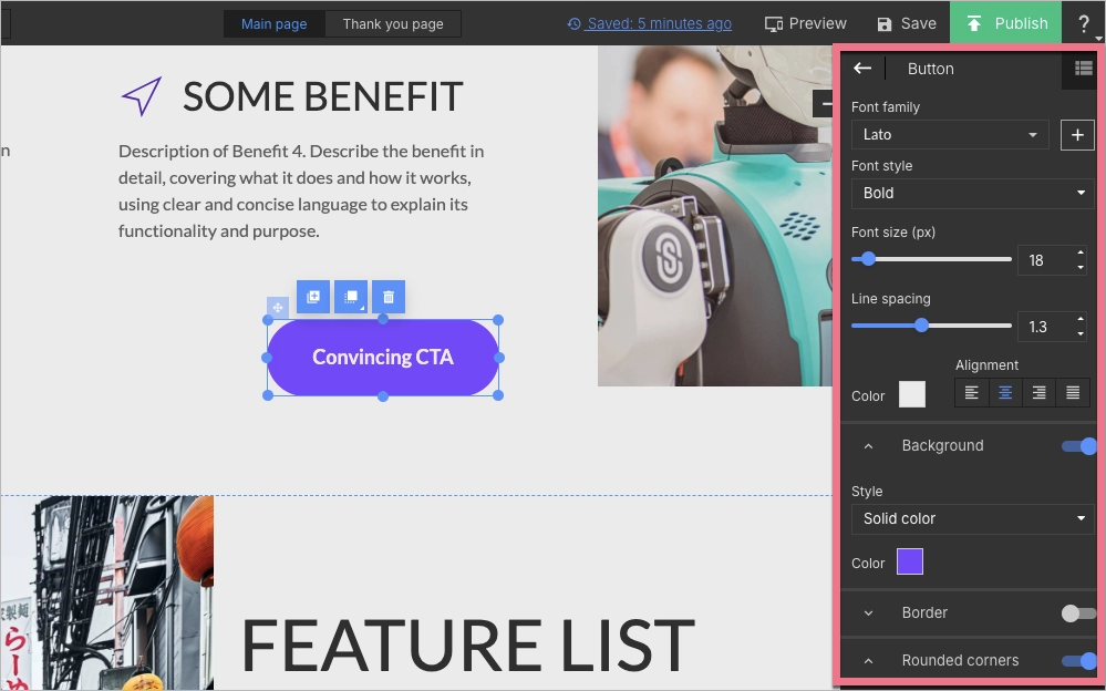 Edição do widget Button.