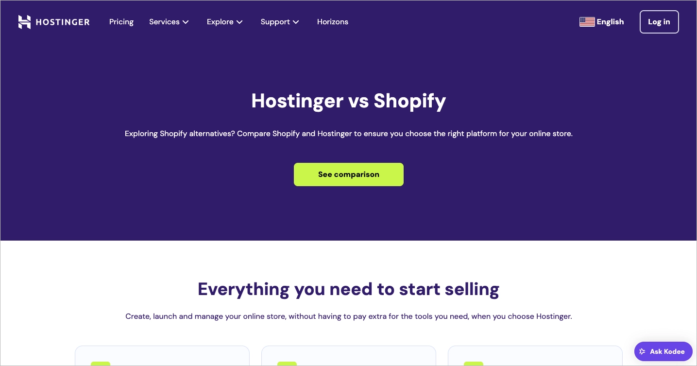 Página da Hostinger vs. Shopify