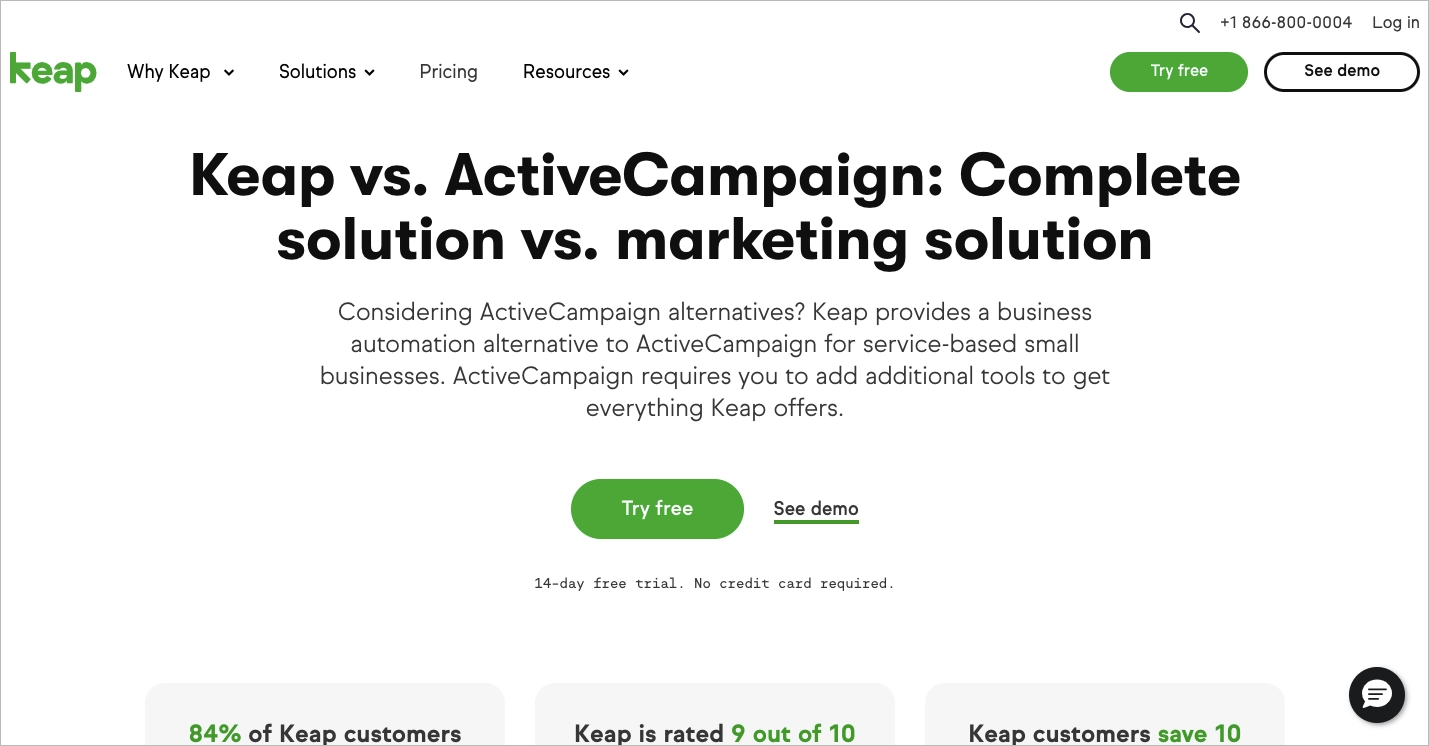 landing page Keap vs. ActiveCampaign