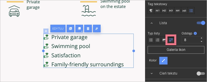 Opcje listy wypunktowanej: typ ikony