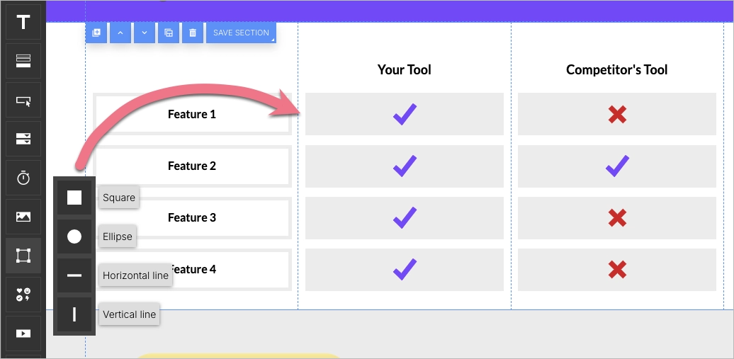 Tabela de construção com formas, ícones e texto.