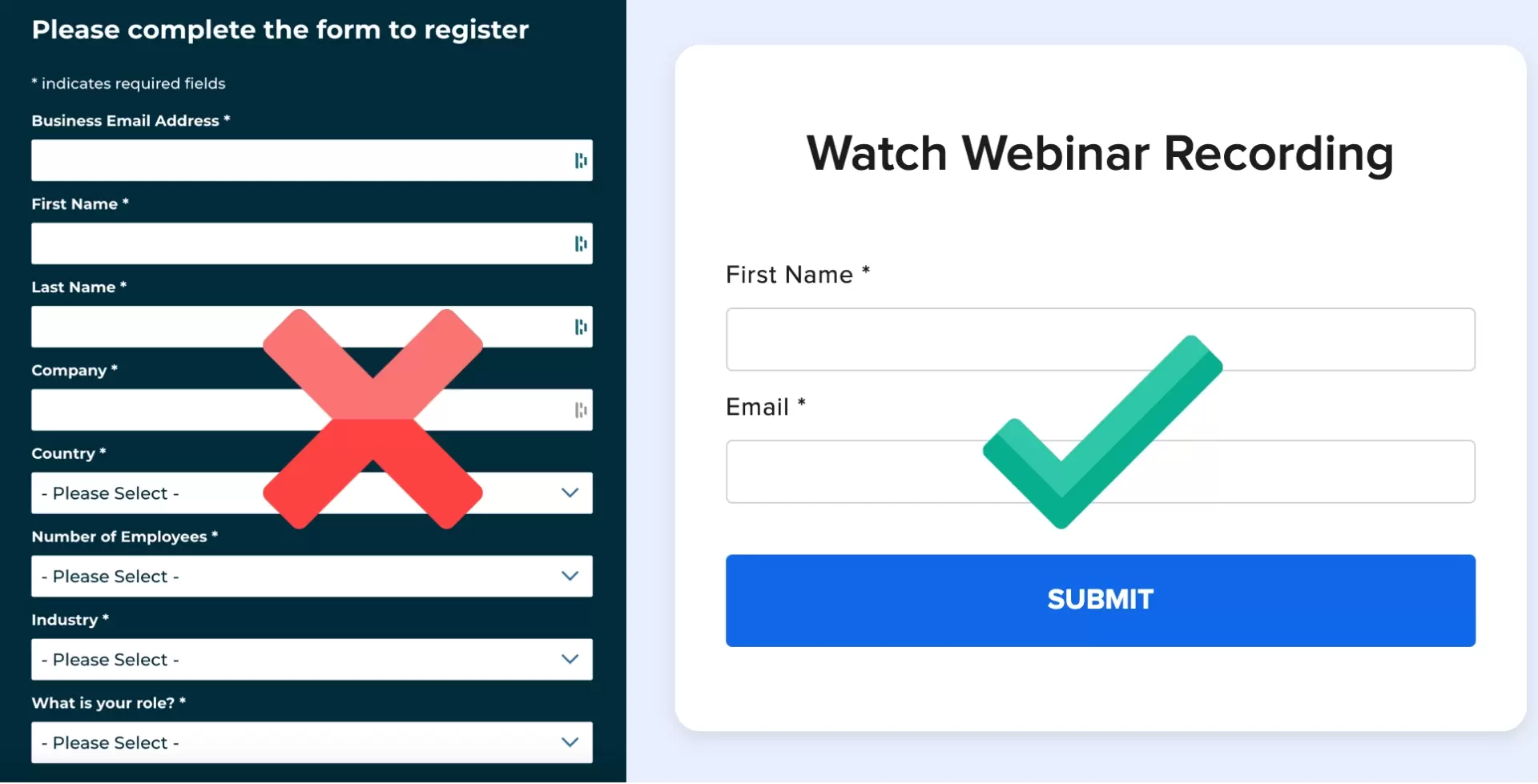 webinar sign up form - examples of good and bad application