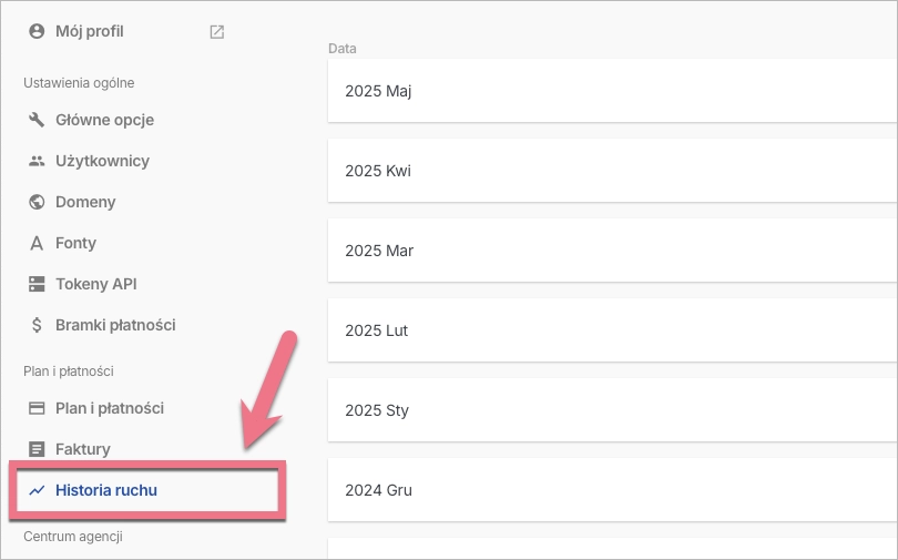 Lista z historią ruchu na landing page'ach