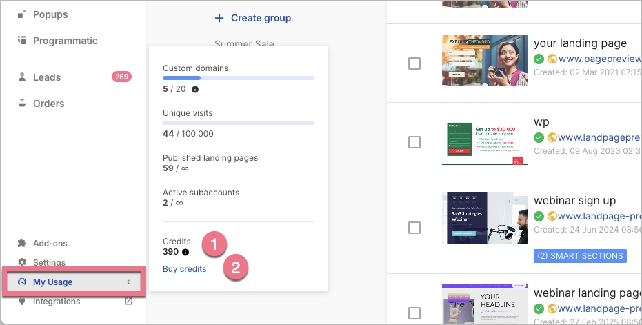 My Usage tab in Landingi platform