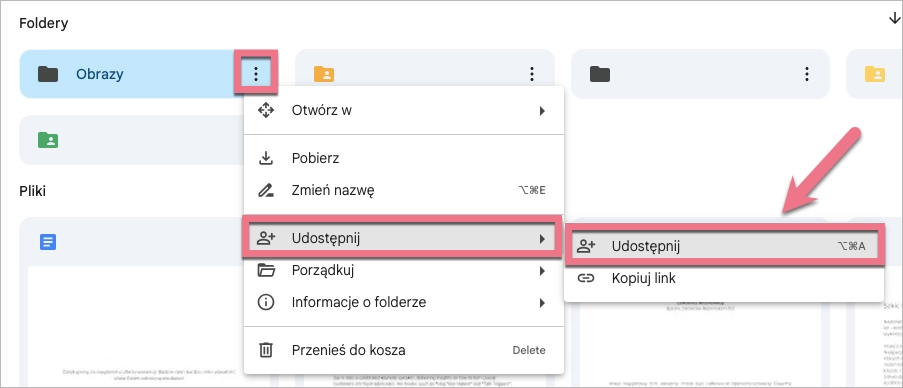 Udostępnianie folderu z Dysku Google