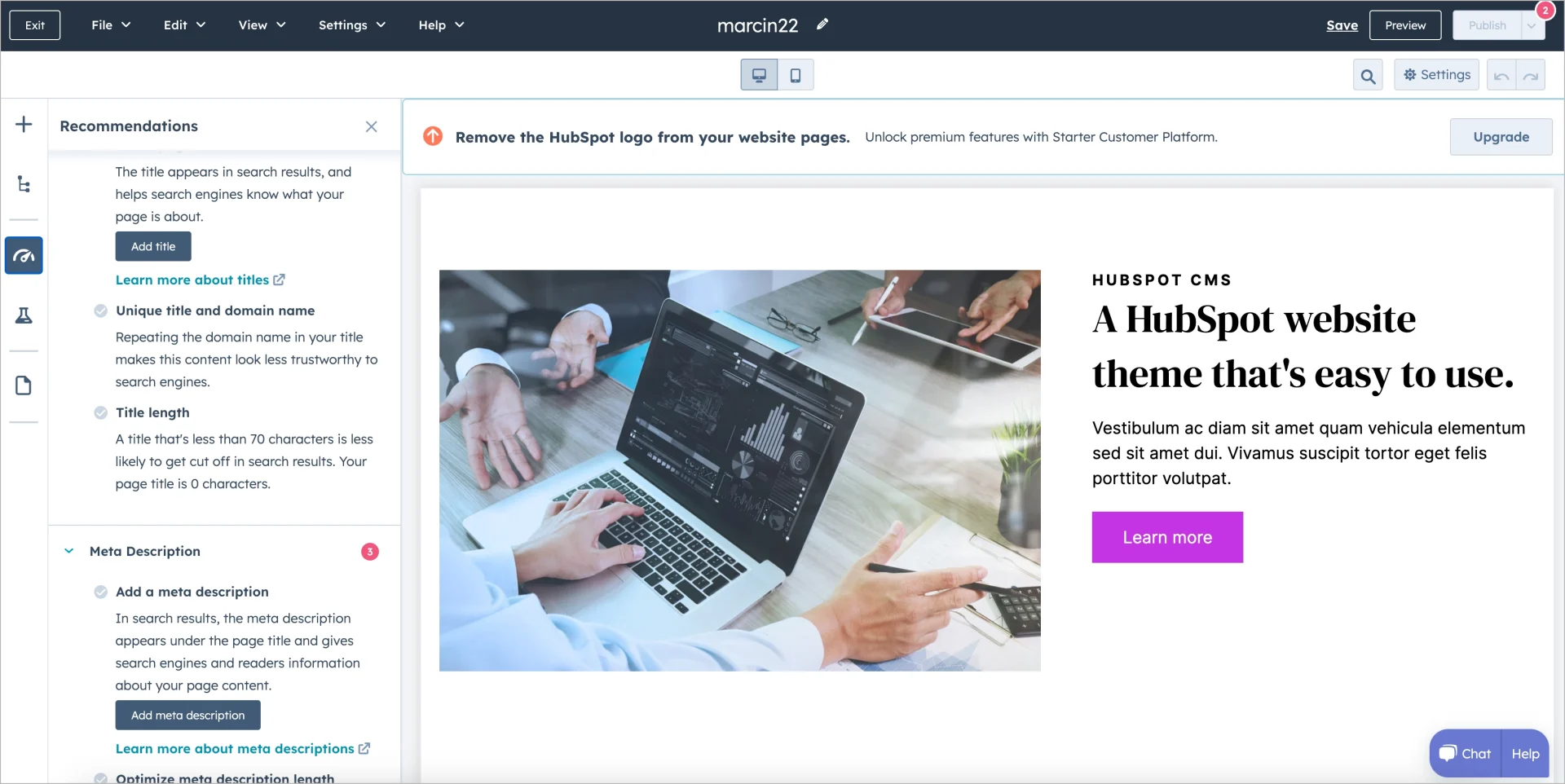 hubspot's free landing page builder in action