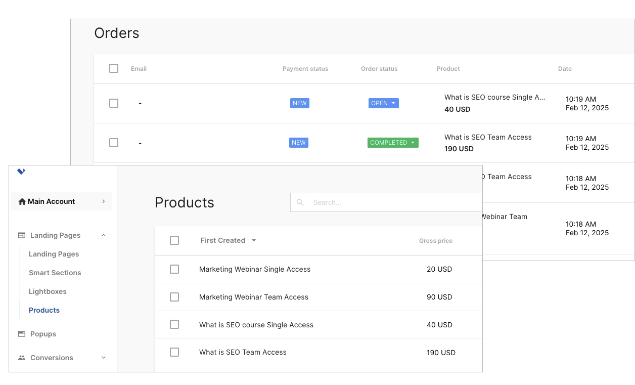Products and Orders Tab