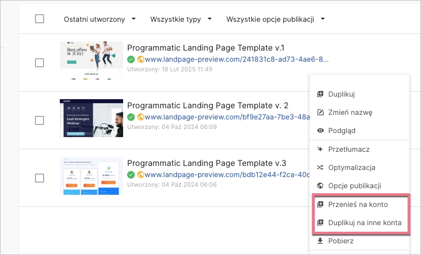 Przenoszenie landing pagey na subkonta