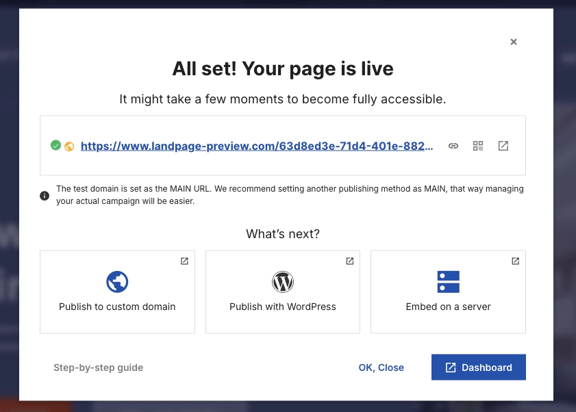 Publishing options in Landingi
