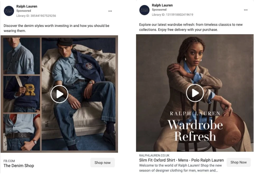 Two Ralph Lauren social media ads with CTAs