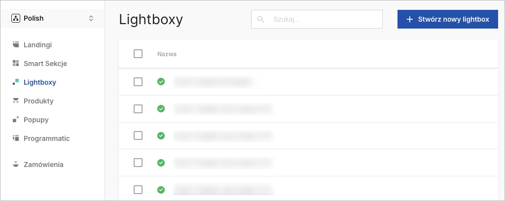 Widok listy lightboxów w Landingi
