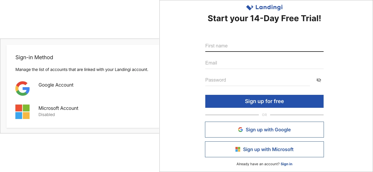Sign in methods in Landingi