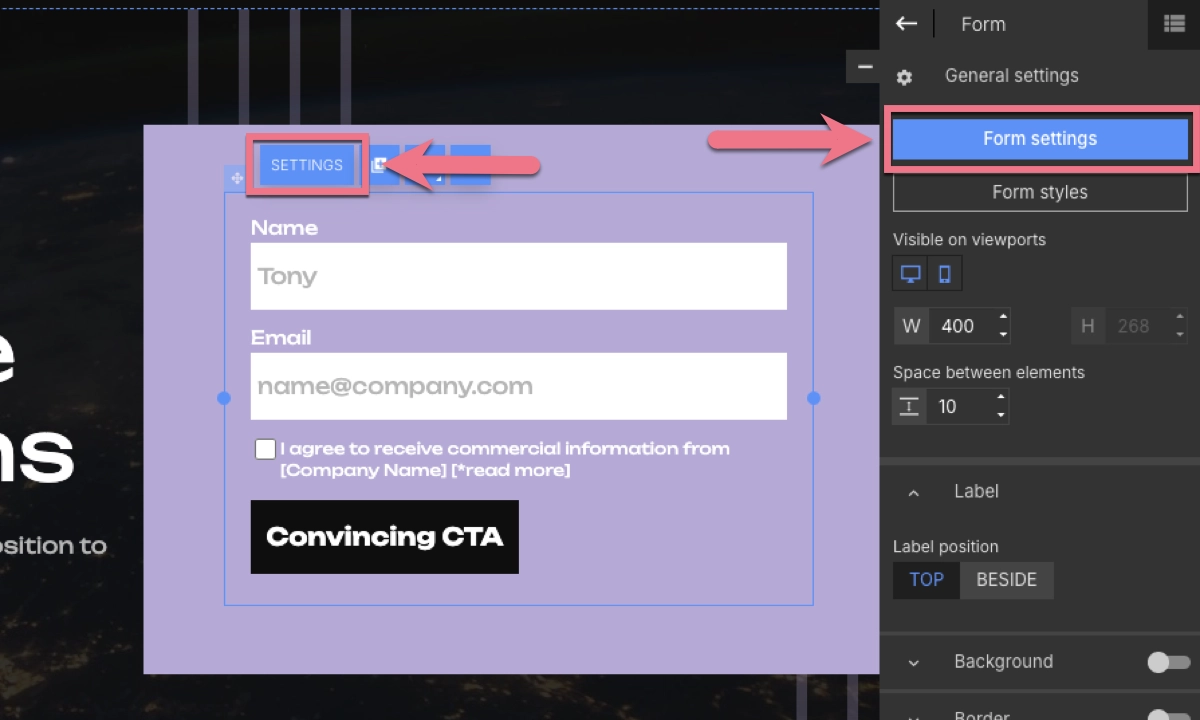 Landingi form settings