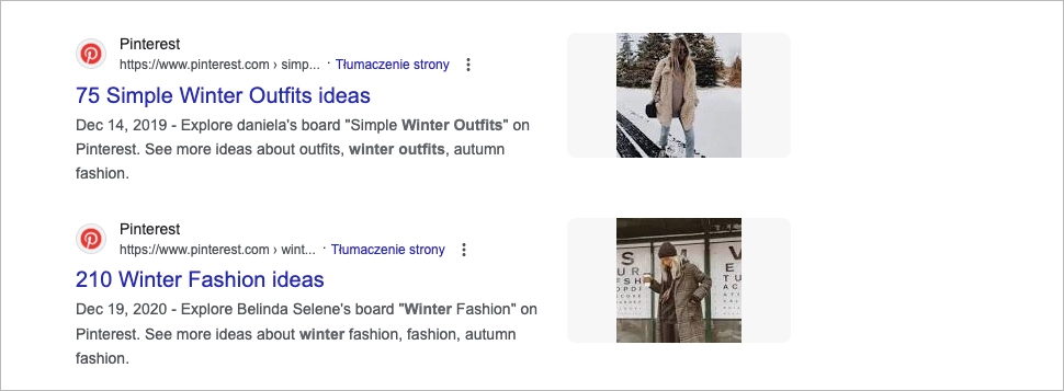 SERP with Pinterest results