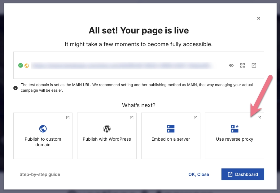 Reverse proxy as one of landing page publishing methods